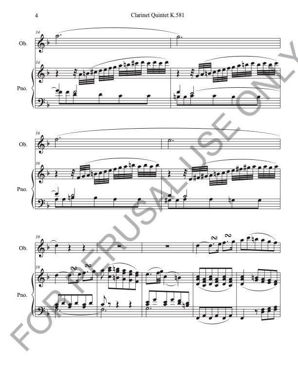 Oboe and Piano of Mozart's Clarinet Quintet K.581 (Larghetto) Score+Part+mp3