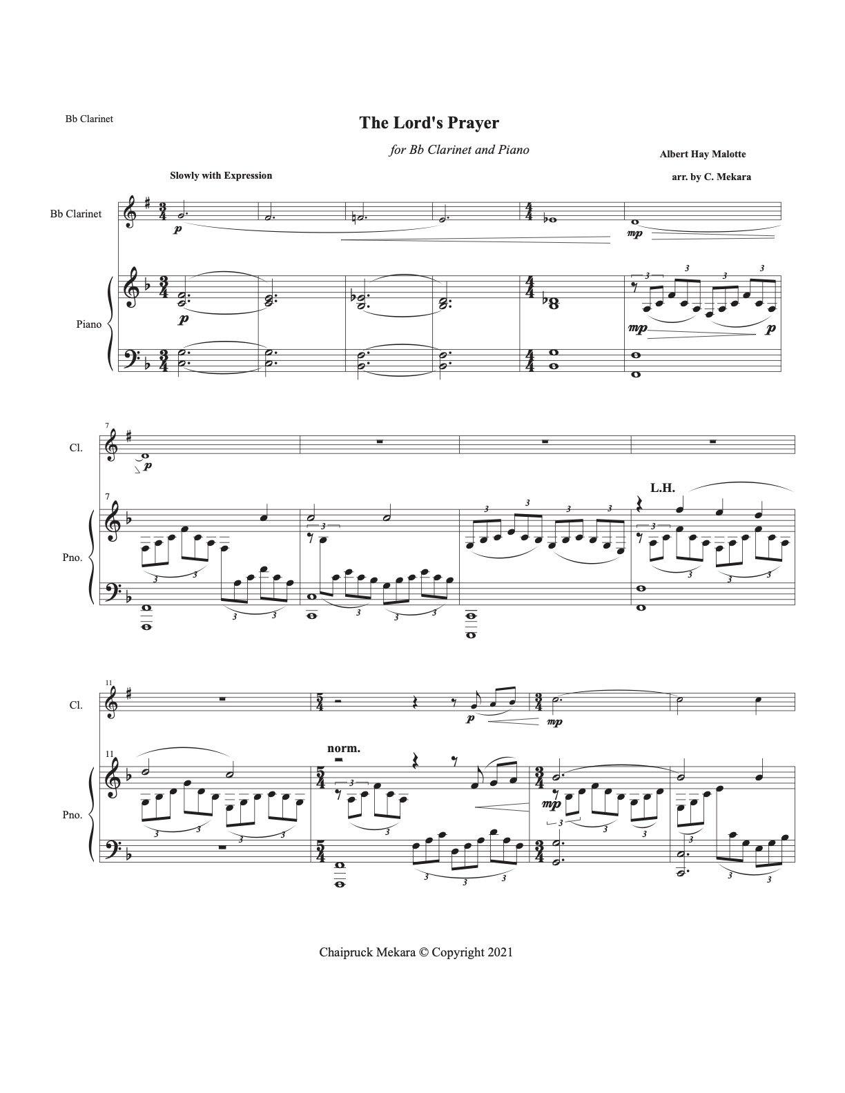 The Lord’s Prayer for Bb Clarinet and Piano (score+parts) - ChaipruckMekara