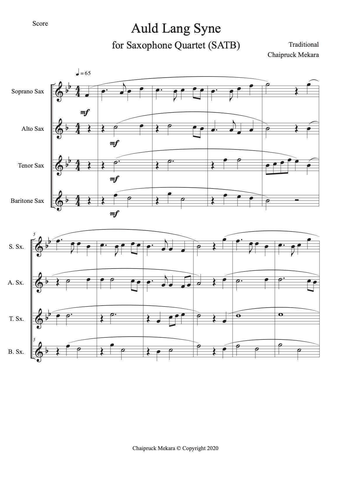 Saxophone Quartet sheet music (SATB): Auld Lang Syne - ChaipruckMekara