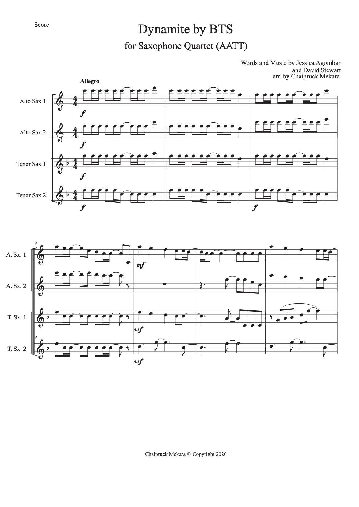 Saxophone Quartet sheet music (AATT): BTS Dynamite - ChaipruckMekara