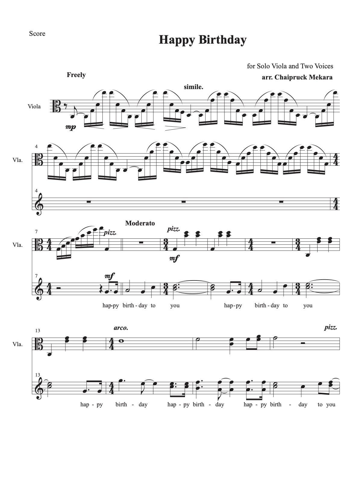 Happy Birthday to You - Solo Viola and Two Voices (score+part) - ChaipruckMekara