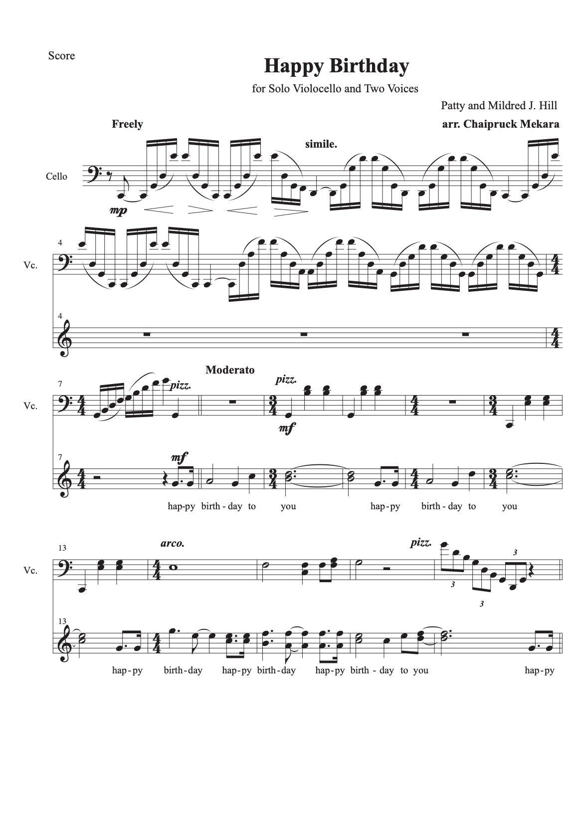 Happy Birthday to You - Solo Violoncello and Two Voices (score+part) - ChaipruckMekara