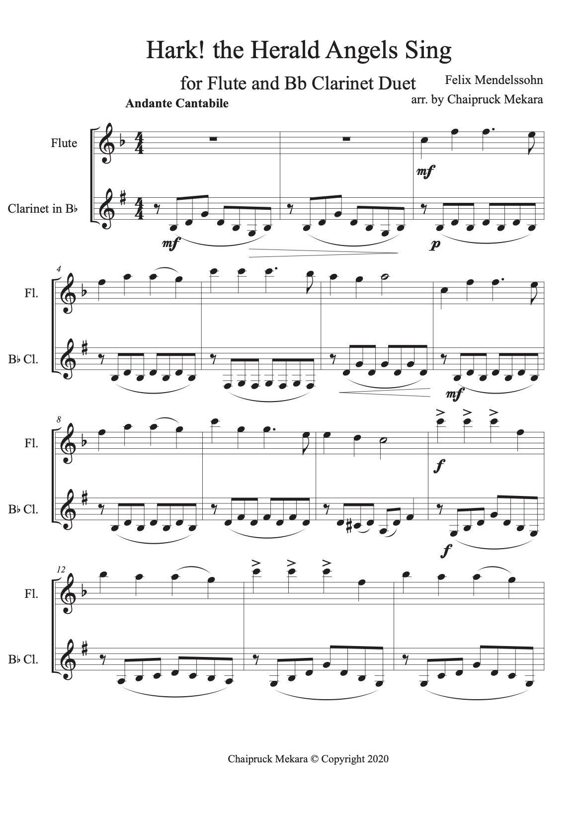 Hark! the Herald Angels Sing for Flute and Clarinet Duet (score+part) - ChaipruckMekara