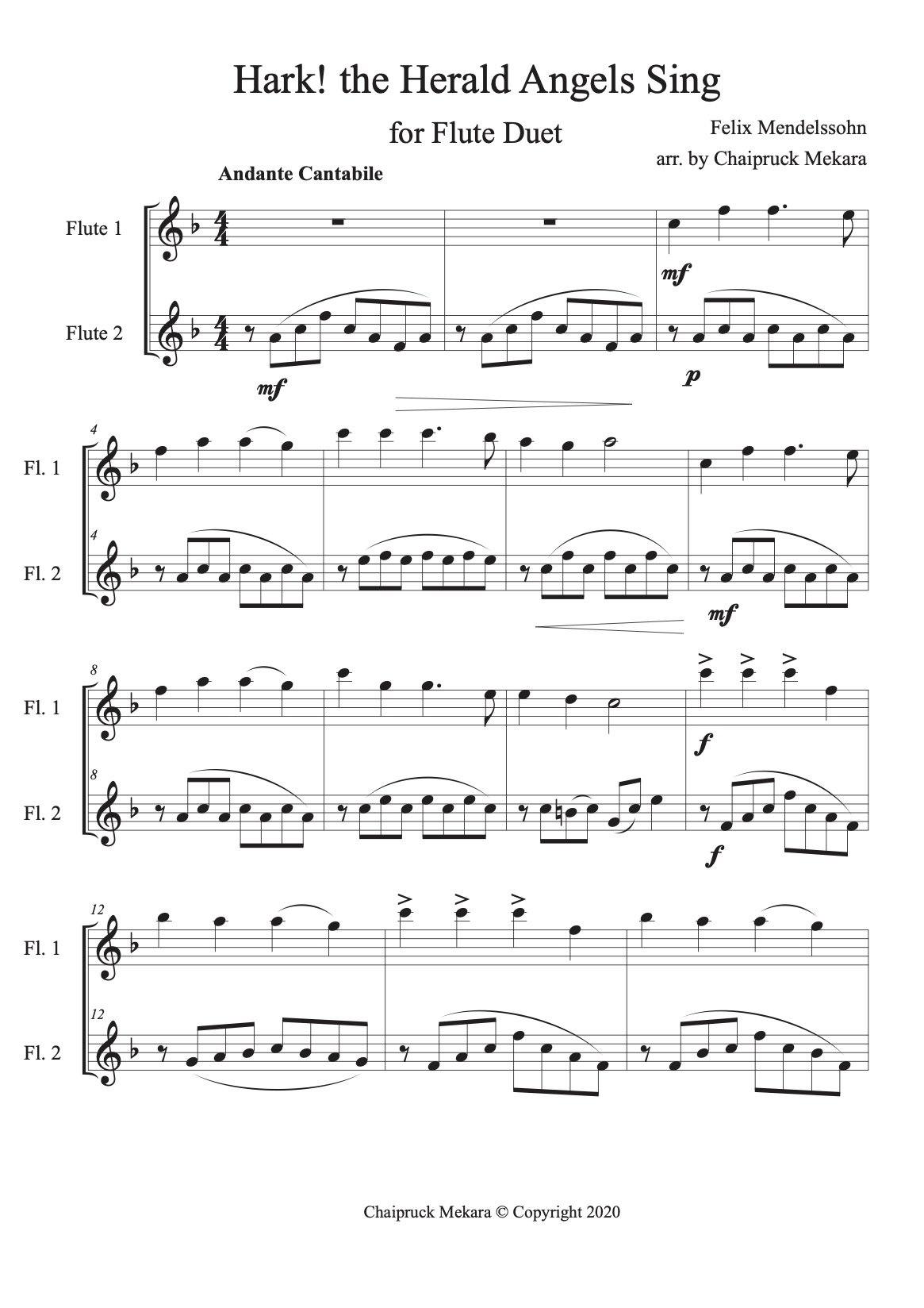 Hark! the Herald Angels Sing for Flute Duet (score+part) - ChaipruckMekara
