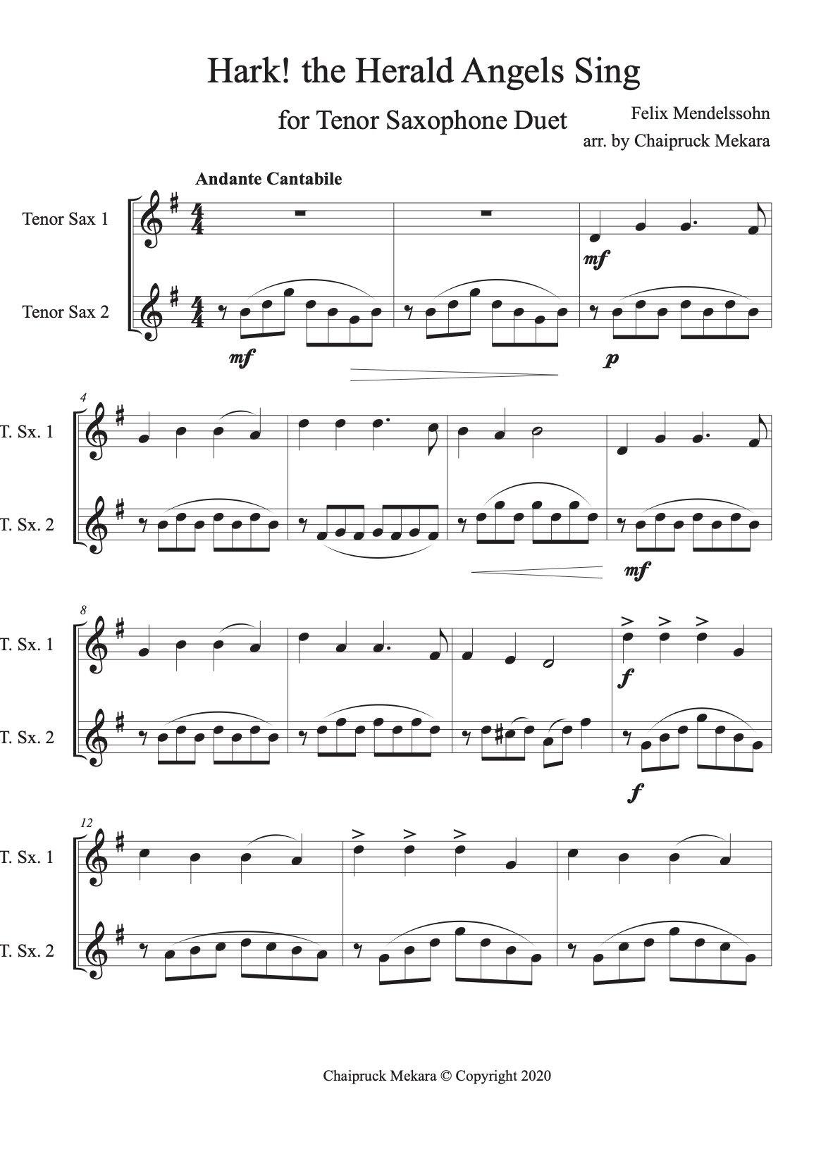 Hark! the Herald Angels Sing for Tenor Saxophone Duet (score+part) - ChaipruckMekara