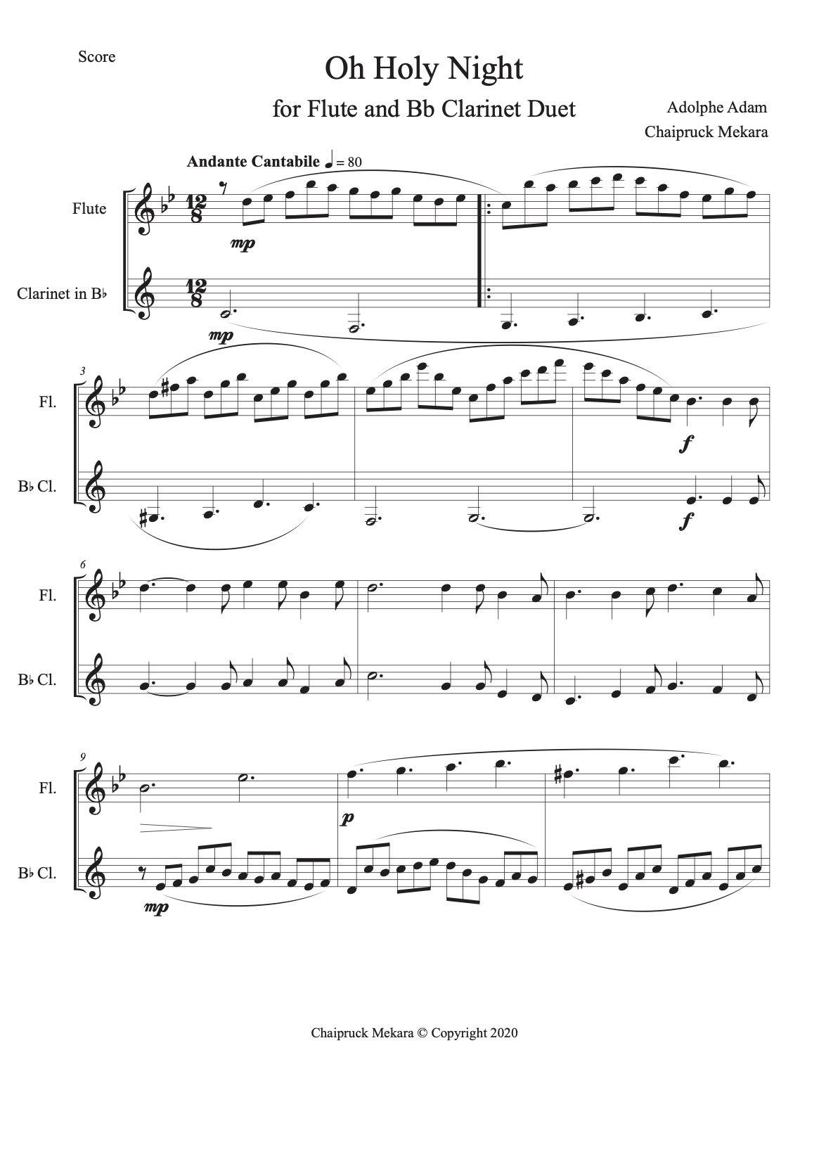 Oh Holy Night for Flute and Bb Clarinet Duet (score+part) - ChaipruckMekara