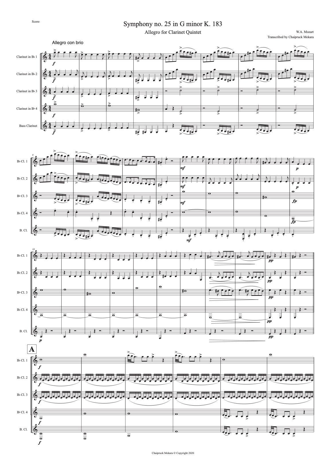 Clarinet Quintet Sheet Music: Mozart's Symphony no. 25 in G minor - ChaipruckMekara