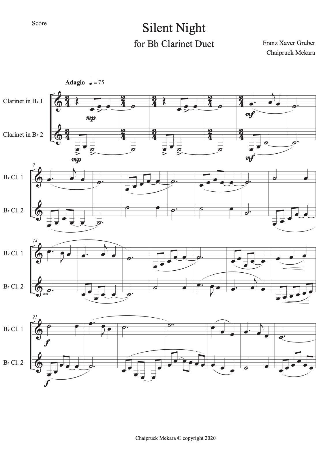 Bb Clarinet Duet sheet music: Silent Night - ChaipruckMekara
