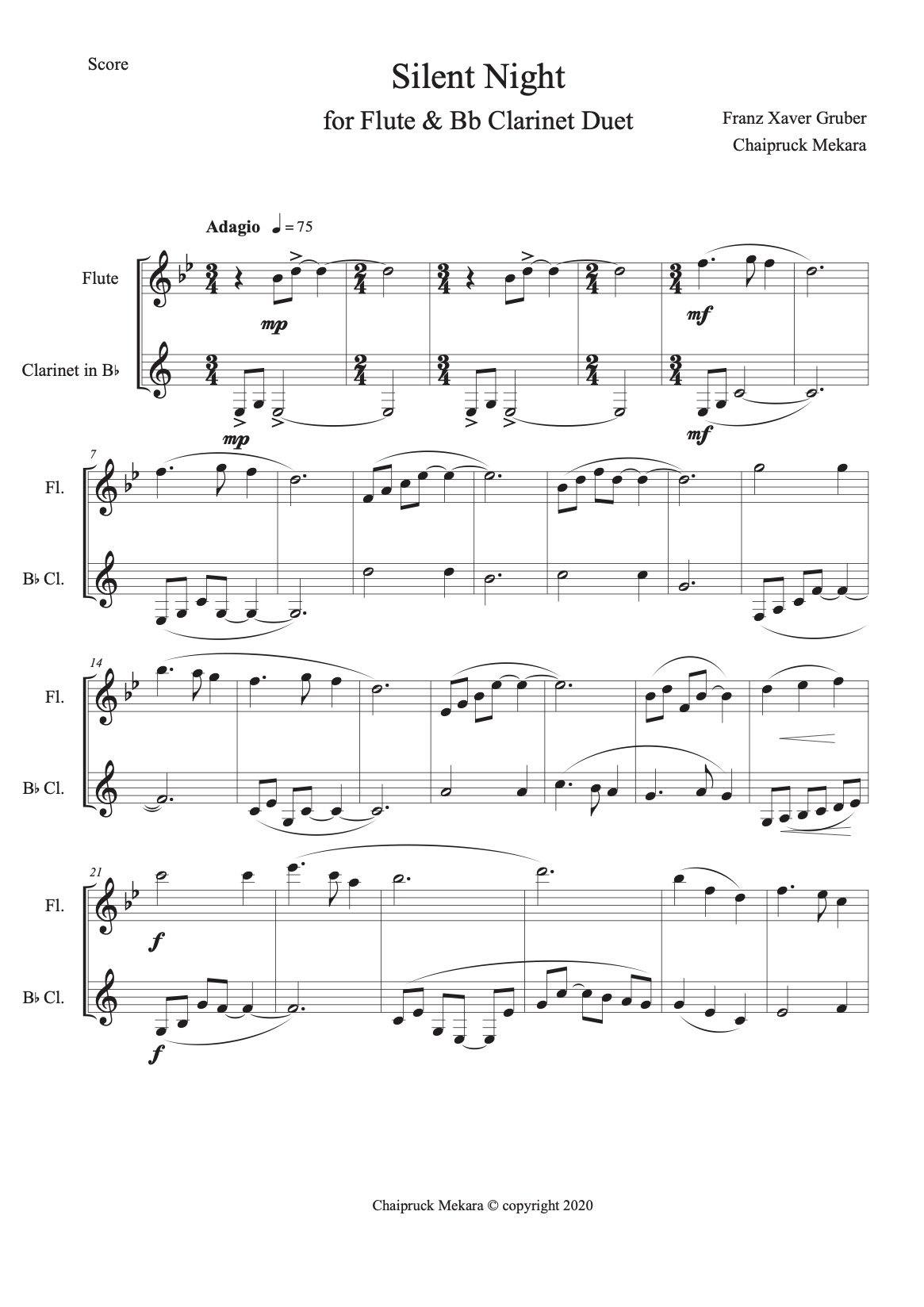 Silent Night for Flute and Bb Clarinet Duet (score+part) - ChaipruckMekara