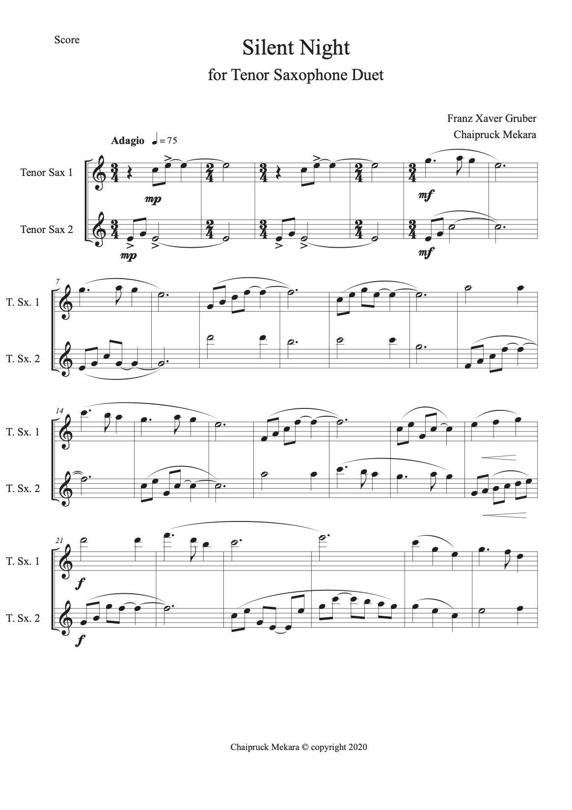 Tenor Saxophone Duet sheet music: Silent Night - ChaipruckMekara