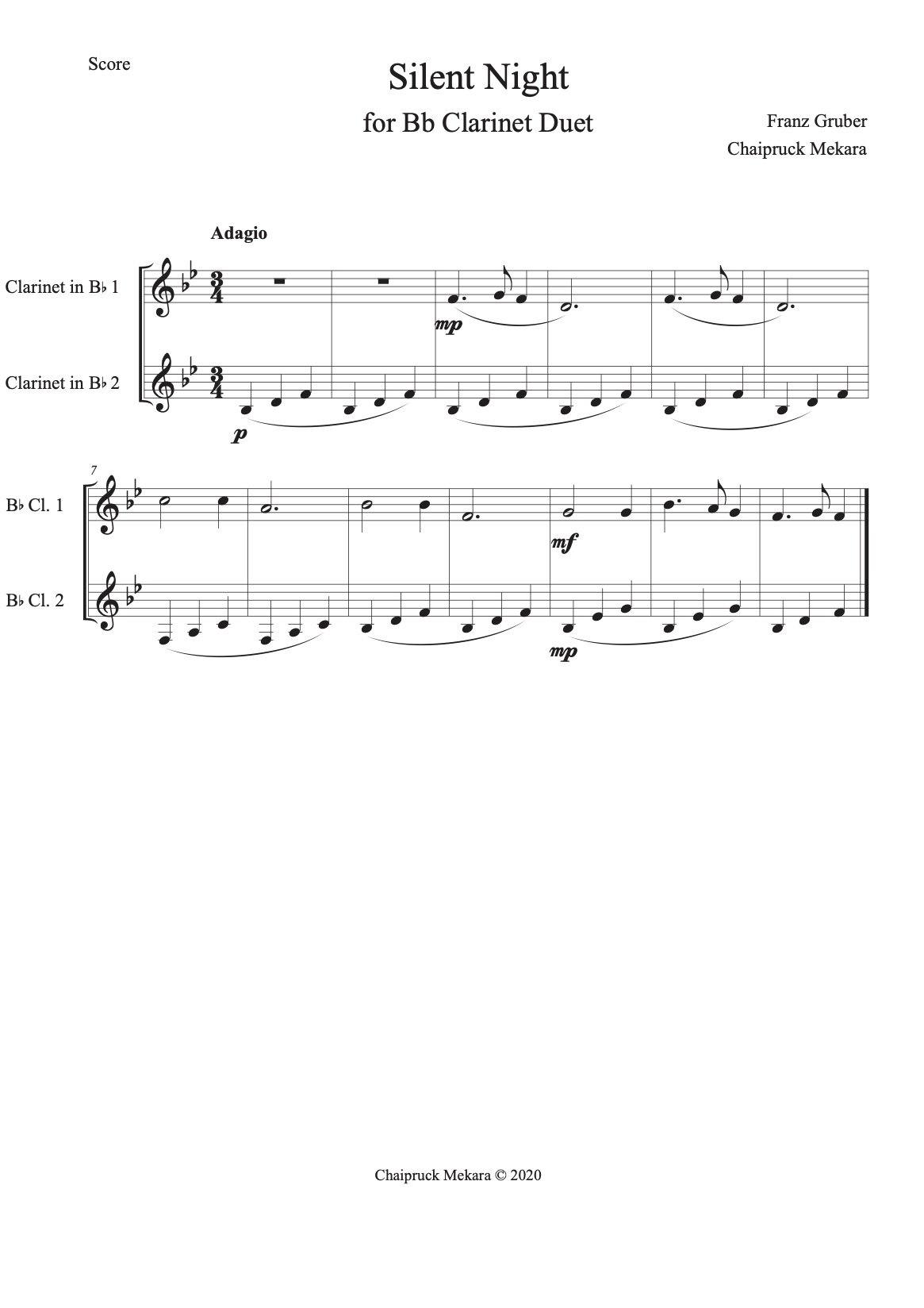 Simple- Silent Night for Bb Clarinet Duet - ChaipruckMekara