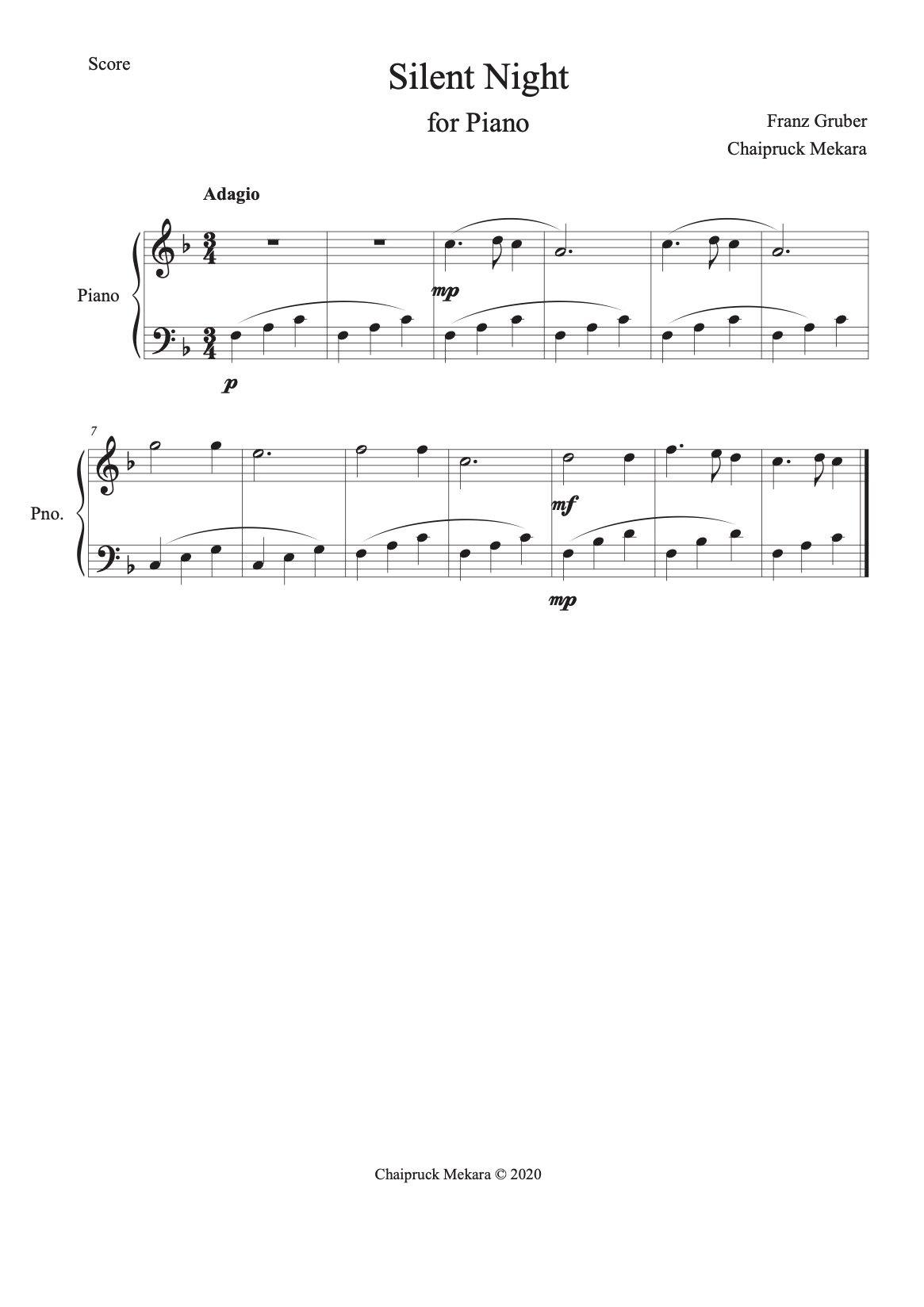 Piano solo sheet music: Silent Night - ChaipruckMekara